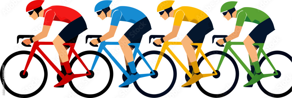 Obraz premium Flat vector illustration of a group of four professional cyclists riding racing bikes for World Bicycle Day celebration