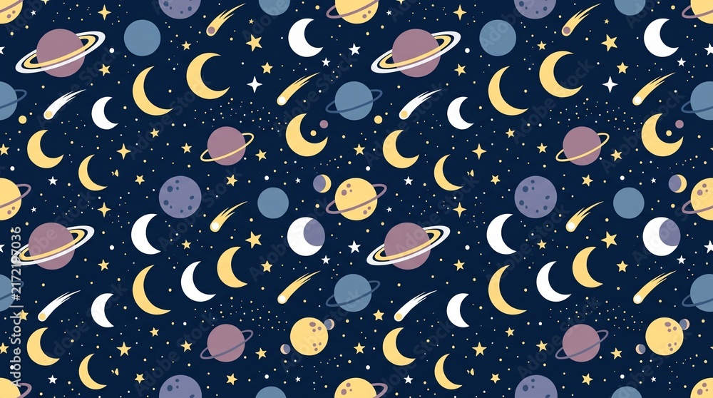 Seamless pattern with planets moons and stars in a dark blue space background.