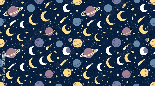 Seamless pattern with planets moons and stars in a dark blue space background.