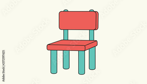 Single red wooden chair with light blue legs in a minimalist flat cartoon style isolated on a soft background.