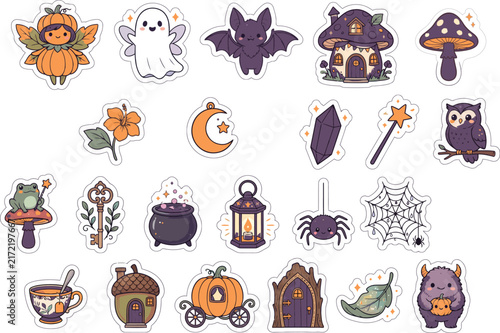 Set of cute hand drawn halloween stickers featuring ghosts bats pumpkins and magical mystical elements on white background