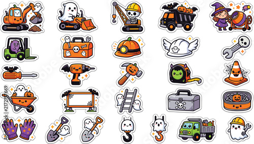 Collection of cute cartoon construction site equipment and tools stickers for children or industrial design projects