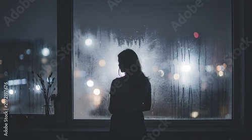 Silhouette of a lonely woman standing by a rainy window at night.