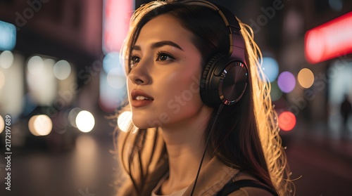 Young Asian woman listening to music with headphones in a city at night.