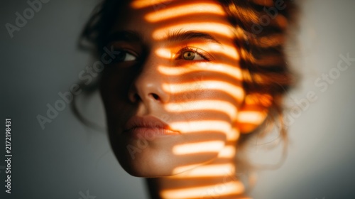 Soft shadows create a striped pattern across a woman's face, adding depth to her gaze as she contemplates in a serene space filled with natural light