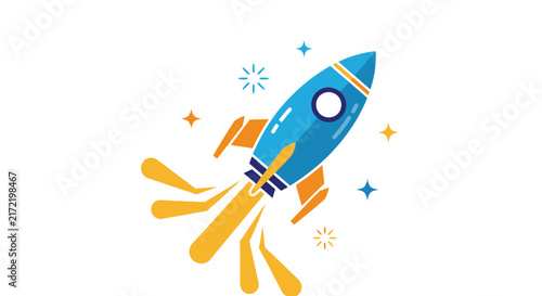 Blue Rocket Ship Blasting Off Space.