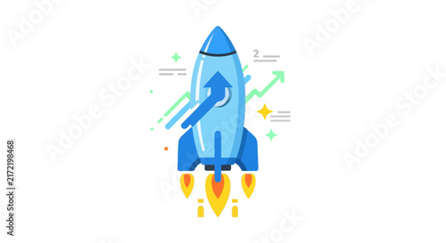 Blue rocket ship blasting off.