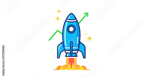 Blue rocket ship blasting off upwards.