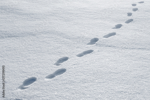 Footprints in snow leading forward, winter journey concept