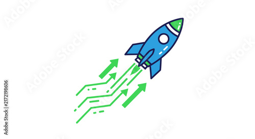 Blue rocket ship flying upwards fast.