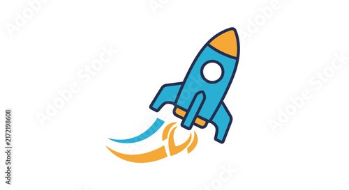 Blue rocket ship flying upwards fast.