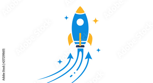 Blue Rocket Ship Flying Upwards Fast.