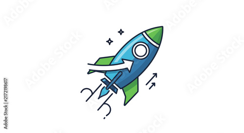 Blue rocket ship flying upwards fast.