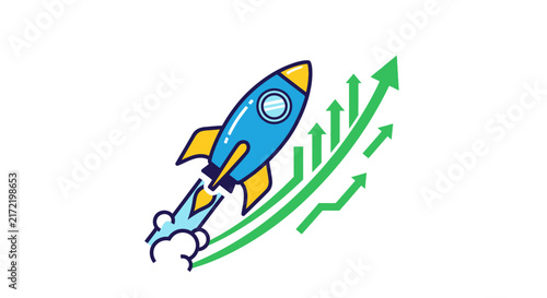 Blue rocket ship flying upwards fast.