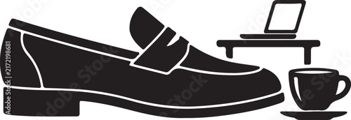 Black silhouette of a loafer shoe with laptop and coffee cup