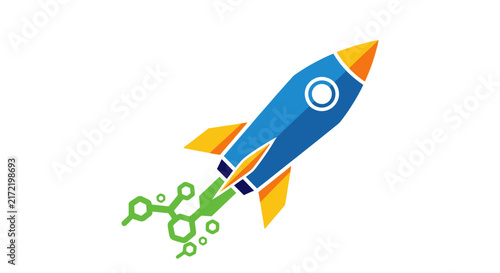 Blue Rocket Ship Flying Upwards.