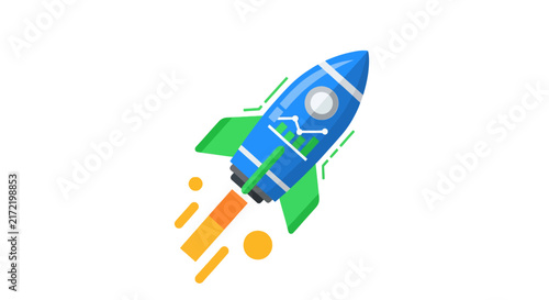 Blue Rocket Ship Icon Launching.