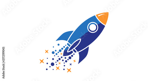 Blue Rocket Ship Icon Launching.