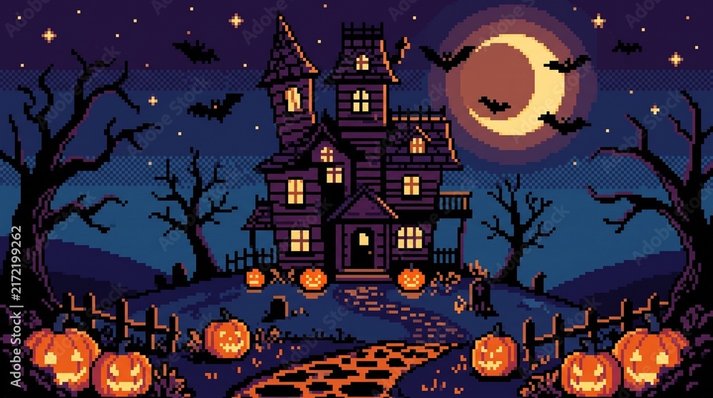 Fototapeta premium Spooky pixel art haunted house under a crescent moon with pumpkins and flying bats