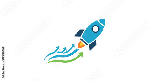 Blue rocket ship launching into space.