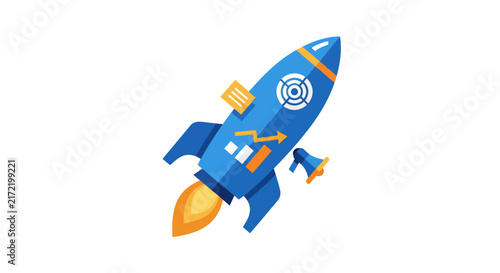 Blue Cartoon Rocket Ship Flying High.
