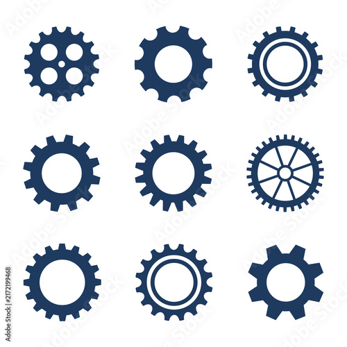 Set of blue industrial gears and cogs icons in vector graphic style with mechanism industry engineering collection component automation industrial technical production business strategy