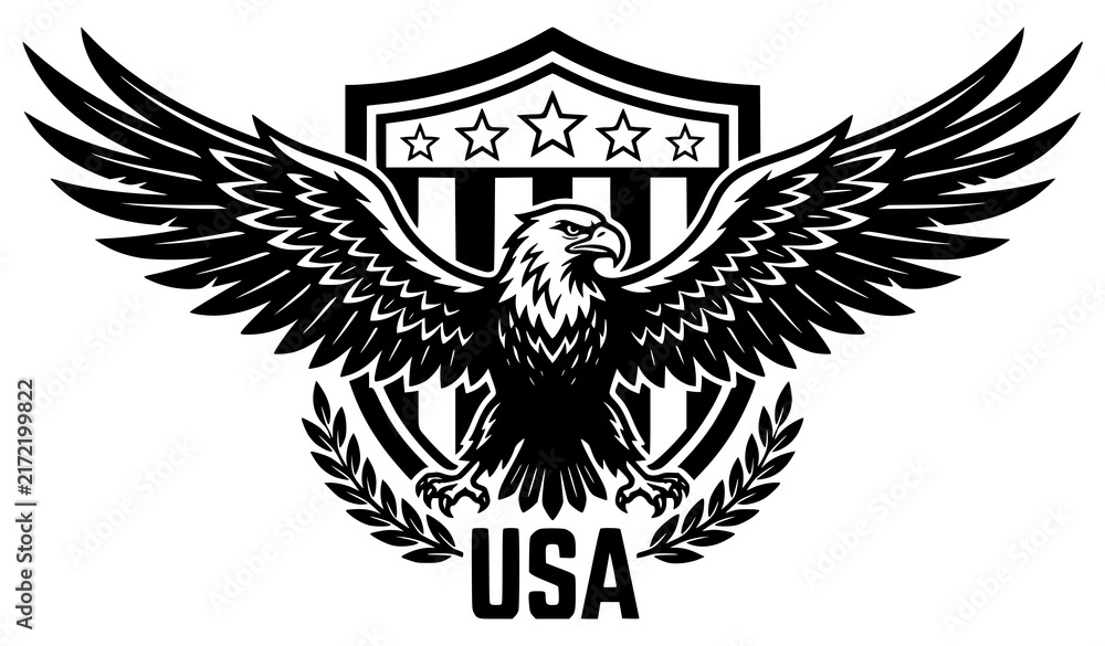 Fototapeta premium Bald Eagle USA Shield Emblem Patriotic American Black Vector Logo