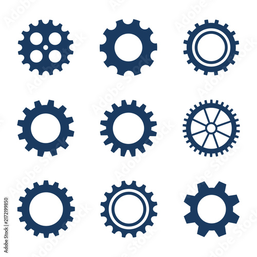 Set of dark blue industrial gear wheel and cog icons isolated on white background with mechanics industry engineering technical isolated background collection industrial mechanism operation