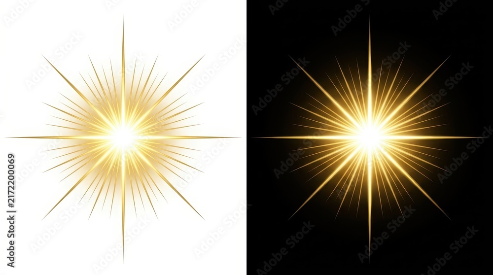 Fototapeta premium Golden Starburst Lens Flare Effect Set on White and Black Backgrounds for Graphic Design and Visual Projects