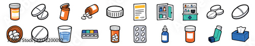 Set of various medical and pharmacy icons featuring pills, prescription bottles, a medicine cabinet, an inhaler, and a blister pack in a colorful cartoon illustration style