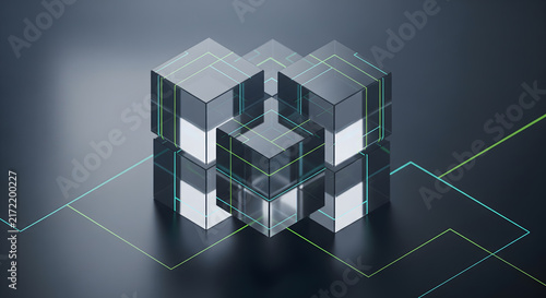 Abstract digital cubes with glowing lines representing data processing and technology.