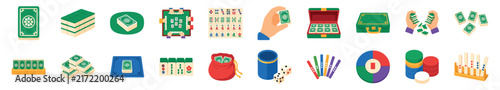 Colorful collection of Mahjong game equipment icons showing tiles, dice, scoring sticks, and gameplay elements in a flat vector style
