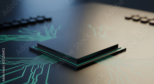 A close-up view of a microchip and electronic circuit board representing modern technology.