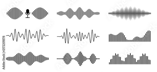 Fotografie Set of sound wave icons, audio equalizer elements and voice frequency visualizat