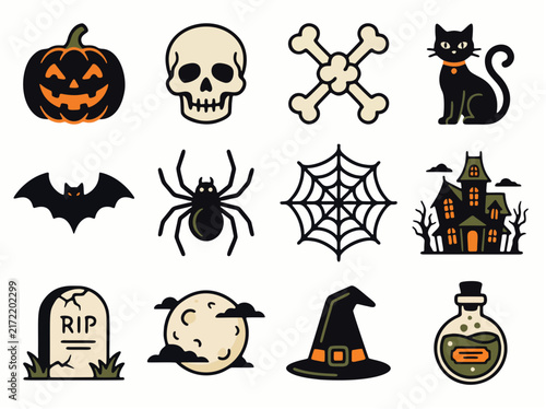 Halloween flat vector icon collection with spooky symbols