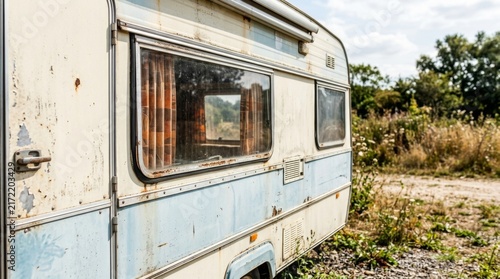 Old vintage caravan trailer parked at forest campsite. Retro camper van for summer road trip and outdoor camping vacation. Nomad lifestyle and travel adventure concept.