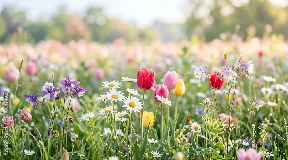 Obraz premium Colorful wildflowers blooming in a sunny spring meadow with soft bokeh background