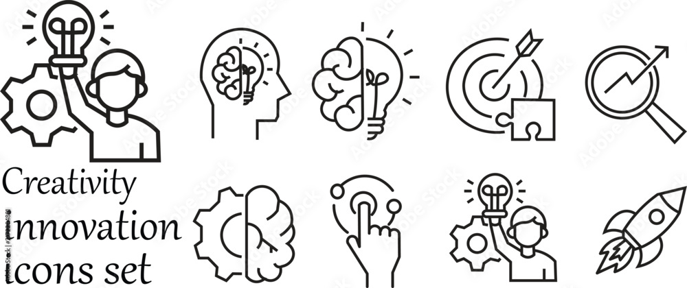 Fototapeta premium Creativity and Innovation Line Icon Set for Target Strategy, Idea Generation and Brainstorming.