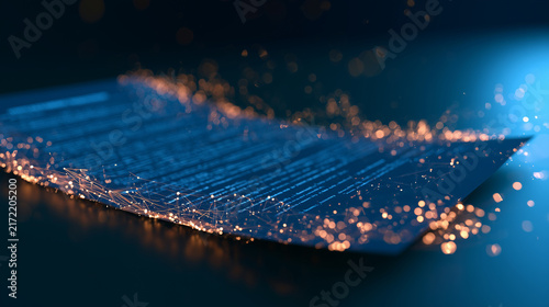 Abstract visualization of glowing digital blockchain nodes and smart contract
