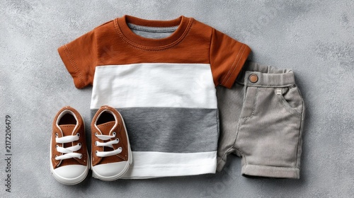 This delightful ensemble showcases a soft orange and white striped shirt paired with cozy gray shorts. Accompanying the outfit are cute brown sneakers, perfect for little adventures