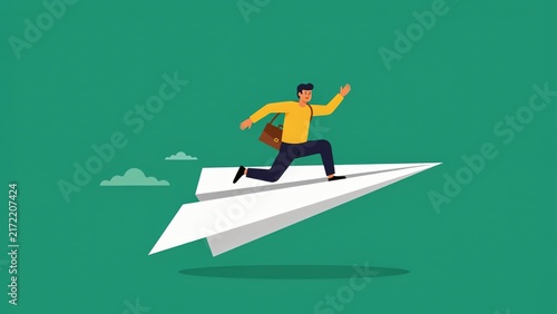 Businessman running on a large white paper airplane