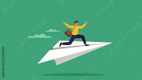 Businessman in yellow shirt riding a large white paper airplane