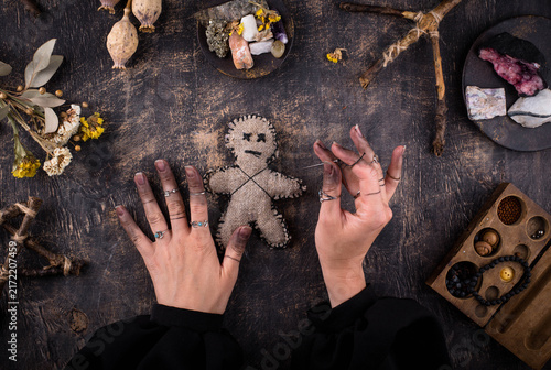 Fotografie Voodoo doll. Black magic witch esoteric ritual. Halloween concept