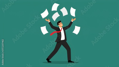 Businessman in a suit throwing sheets of paper in the air