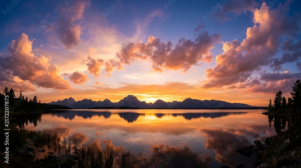 Fototapeta premium Dramatic sunset sky with colorful clouds reflecting over a calm mountain lake landscape.