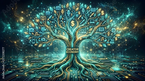 Digital creator economy tree with glowing financial icons and growth symbols in neon light.