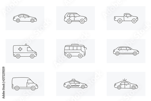 Vehicle Transportation Icon Set with Car, Taxi, Ambulance, Bus, Van and Truck Line Illustrations
