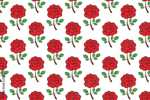 Seamless Red Rose Floral Pattern with Green Leaves on White Background