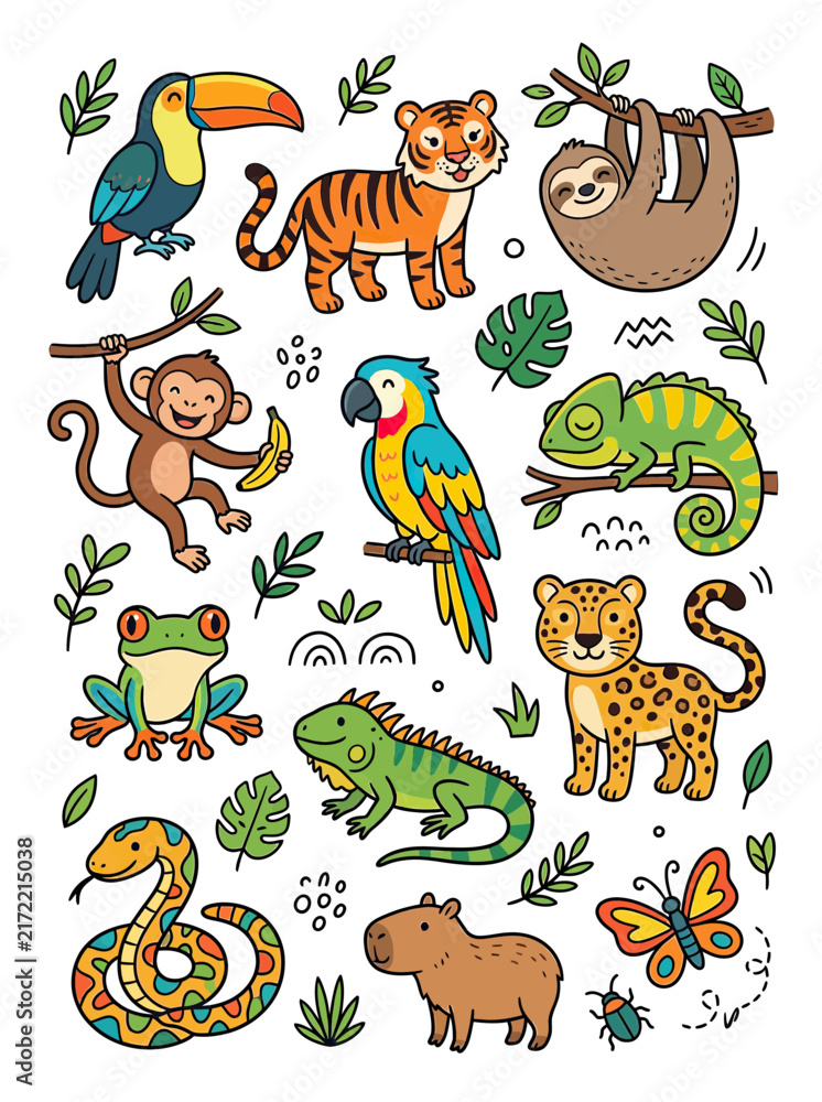 Naklejka premium Cute Cartoon Jungle Animals Collection Isolated