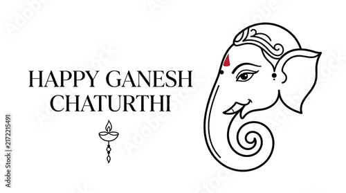 Line art Ganesh Chaturthi greeting PNG with elephant head, broken tusk, and modak, isolated on transparent background for festive decoration